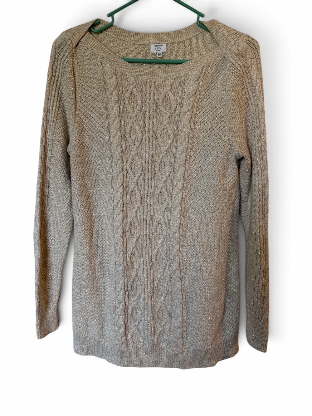 Crown & Ivy Petite Cable Knit Metallic Sweater Beige Gold Shimmer PM - Picture 2 of 11